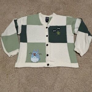 EUC My Neighbor Totoro women’s cardigan. Green & cream patchwork w/ embroidery.